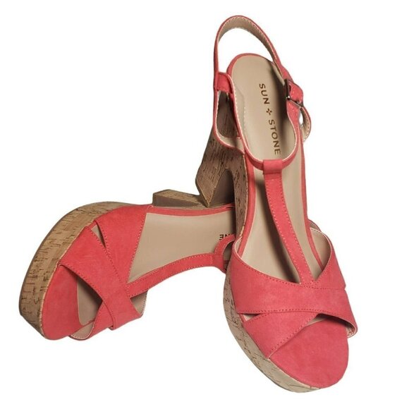 Sun Stone Womens Coral Open Toe T Strap Heels Platform Sandals Sz 9.5 10.5 11 - Picture 2 of 11